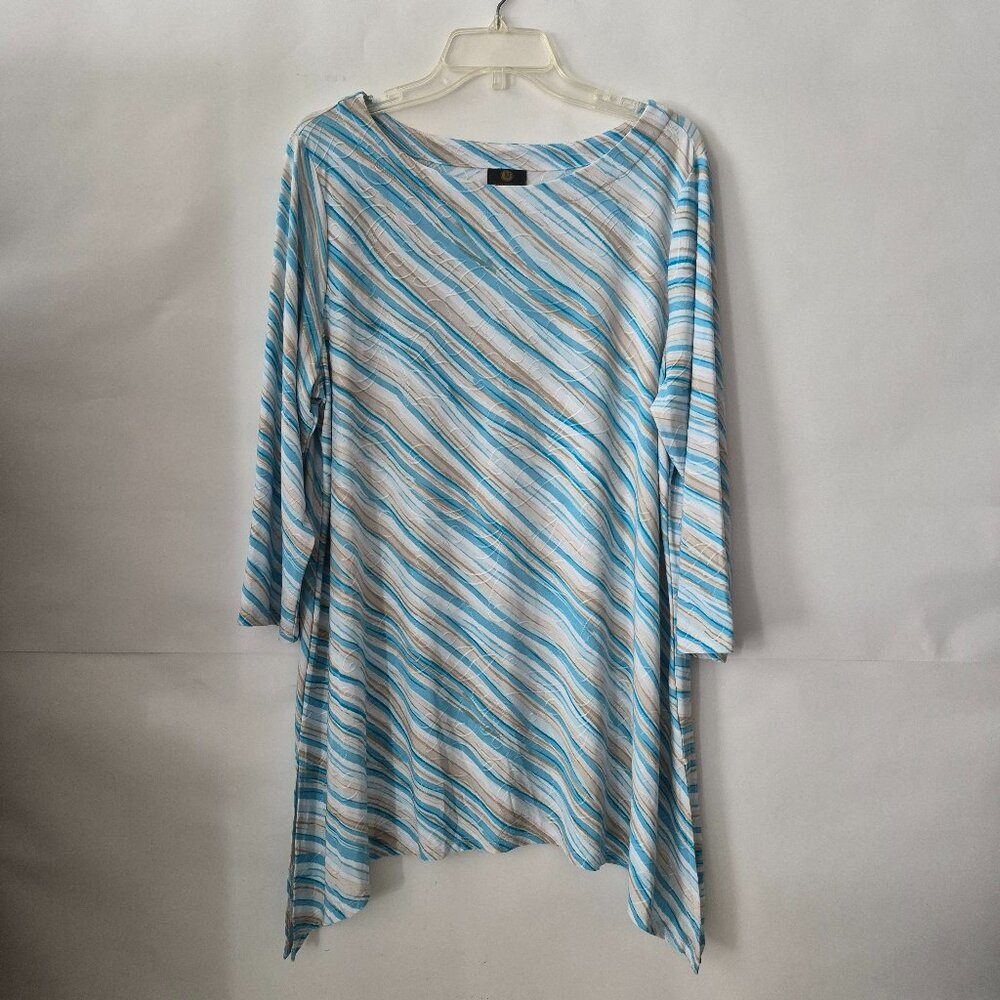 JM Collection Womens 1X Sharkbite 3/4 Sleeve Waterfall Top Blouse Blue Beige